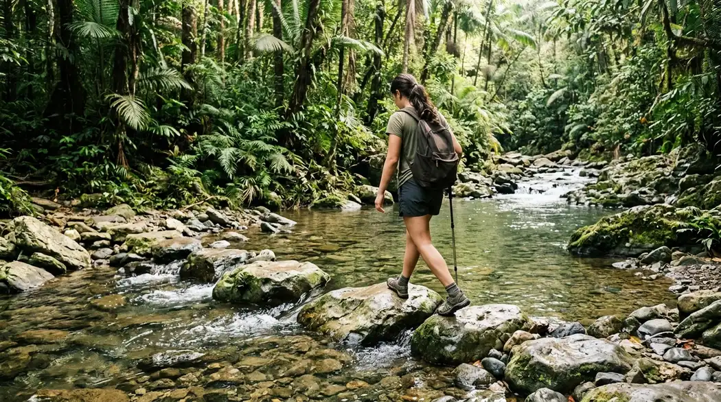Hiker wading through the Gozalandia River tropical rainforest trail on a guided Puerto Rico excursion